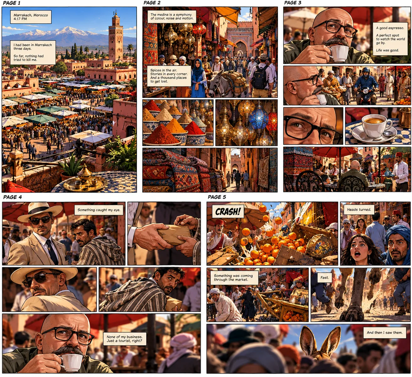 Illustrated concept panels from the Moroccan adventure